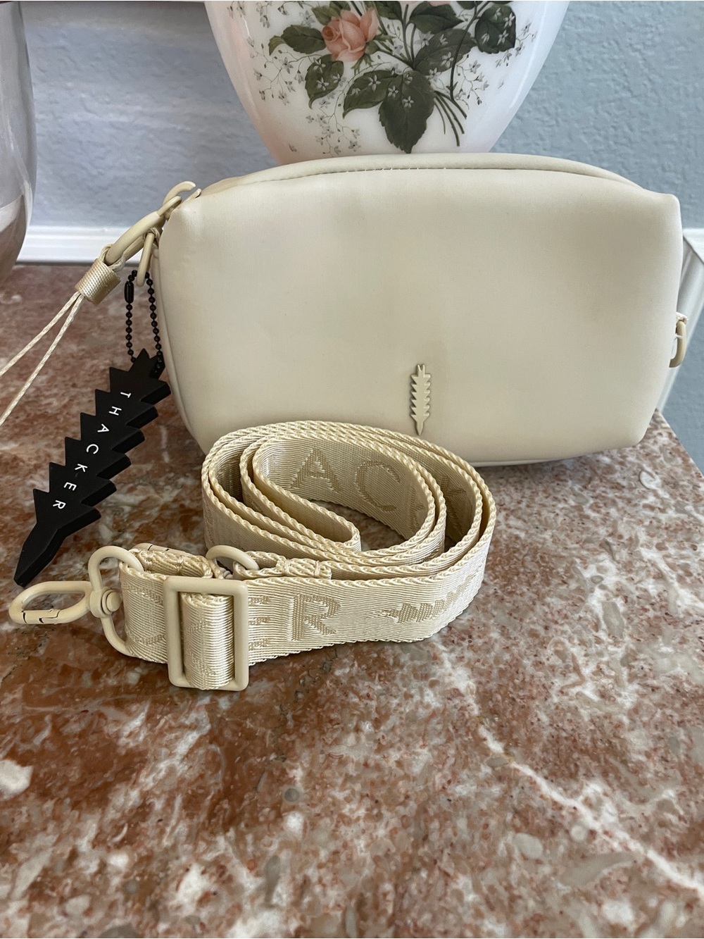 Thacker Light Cream Crossbody Bag with Branded Wide Strap